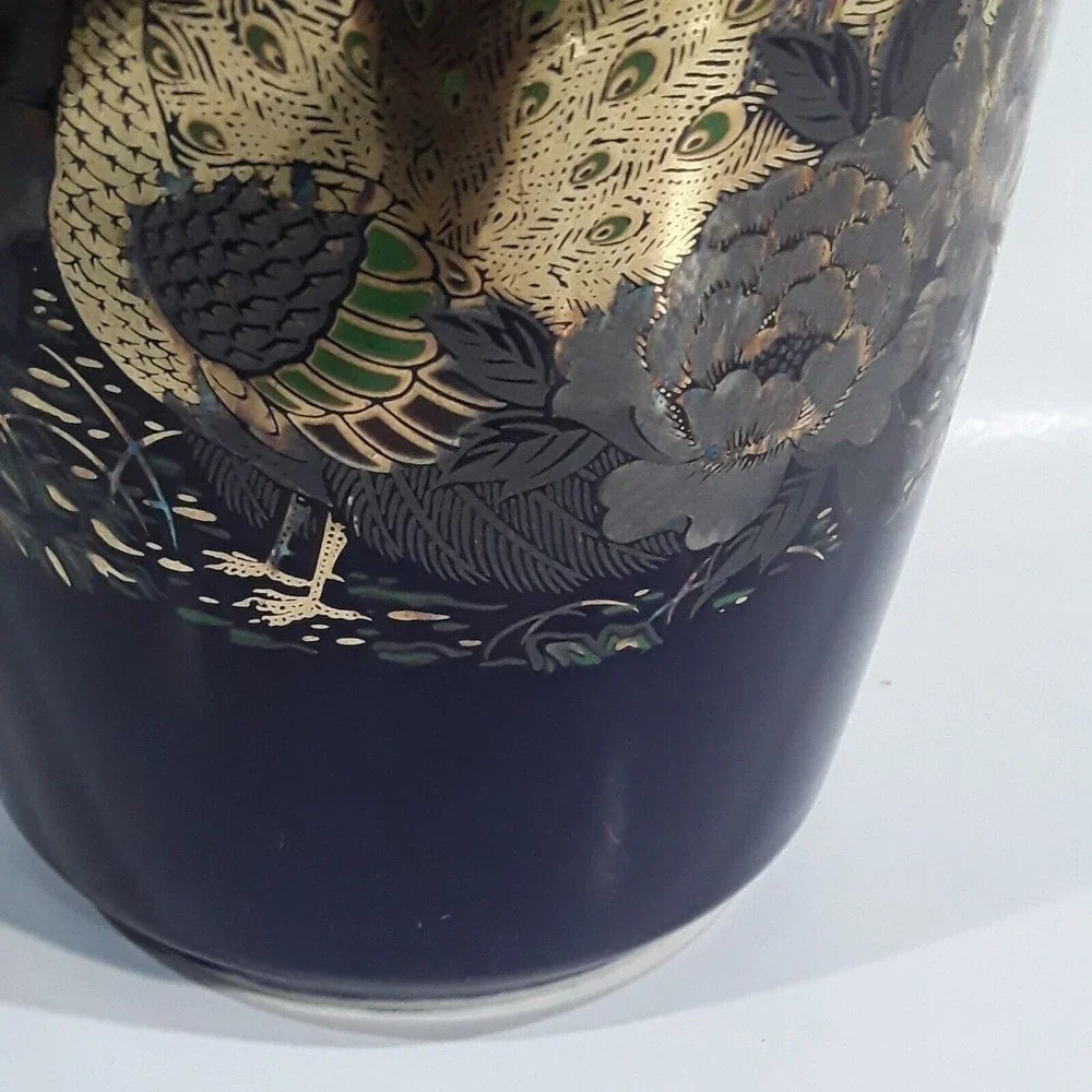 Vintage Blue Vase, Double Peacock, Gold trim. Japan 10 inches tall